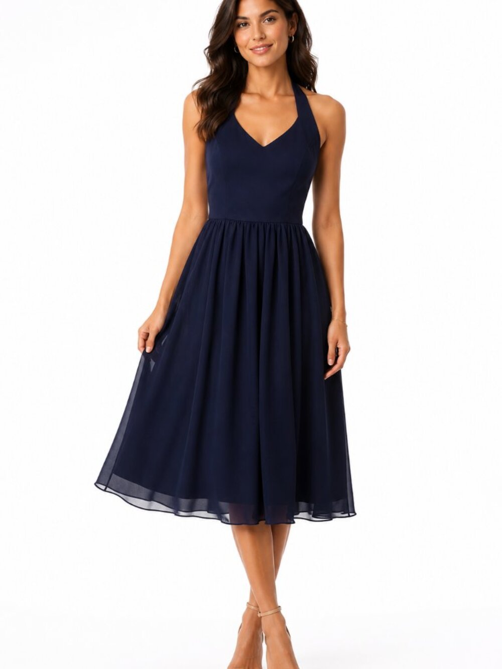 V-Neck Navy Midi Dress - Elegant Sleeveless Fit